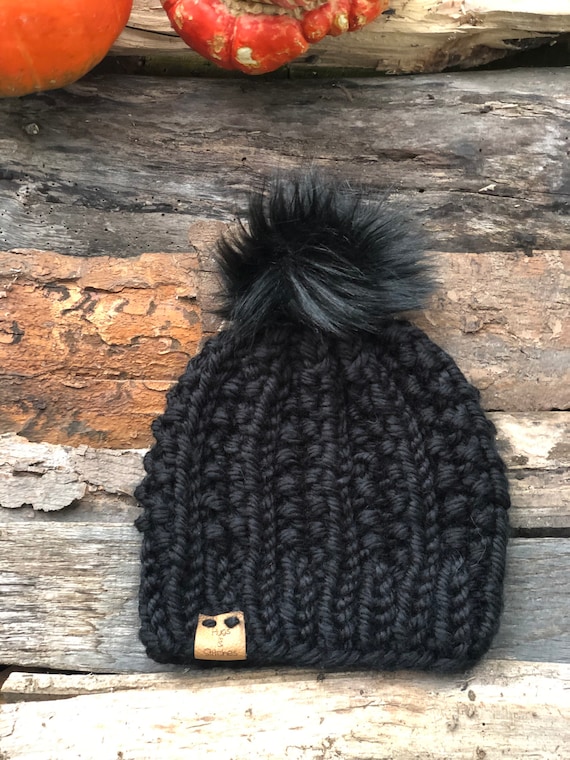 Child’s Black Winter Acrylic Beanie, Pom Hat, Unisex beanie, Boys Winter Hat, Girls Winter Hat, Black Beanie, Textured knit hat