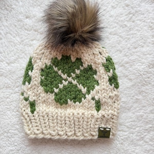 Hand Knit Clover Beanie: Fair Isle St. Patrick's Day Hat