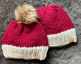 Holiday Hat, Christmas Beanie, Santa Color Winter hats, Warm winter red hat, Family photo shoot hats, Hand Knit holiday hats
