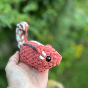 May include: A crocheted plush toy shaped like a squirrel. The squirrel is red with white accents and black eyes.