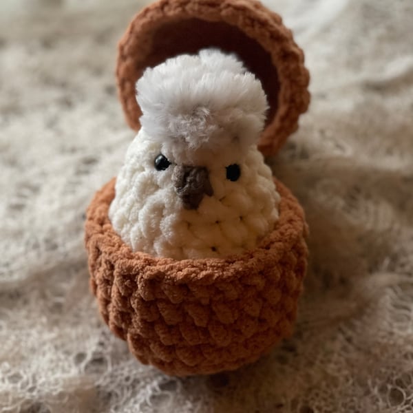 Silkie Chicken, Crochet Hatching Chicken, Baby Chicken in Shell, Easter Chick in Egg, Easter Basket Toy, Chicken Plushie, Tiered Tray Chick