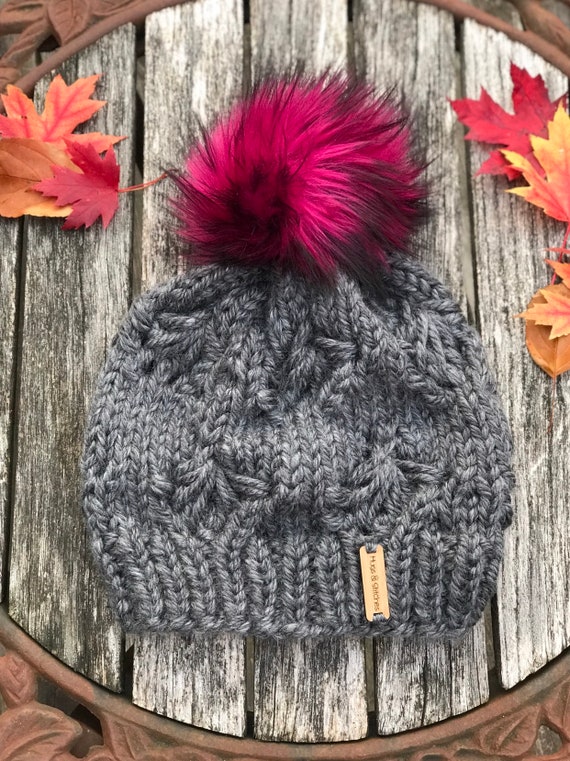 New Custom Designed Gray Pom Slouchy Beanie with Embroidered Gray Rose. ADULT HAT7392 CC Beanie Monogram Fur Pom Beanie, Personalize  main image 4