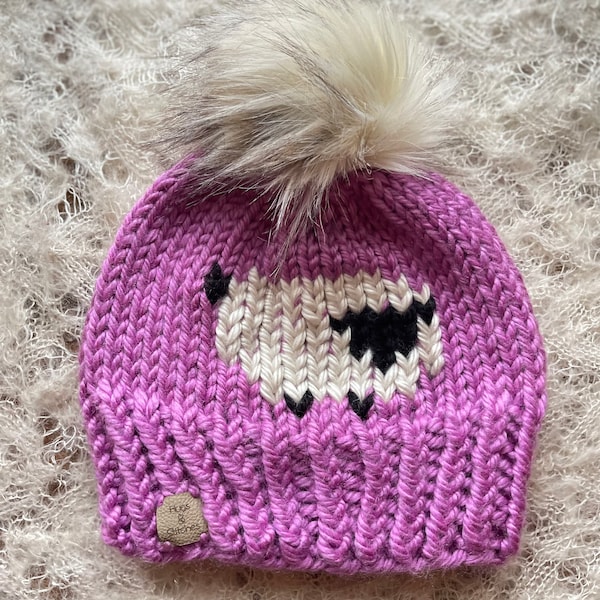 Winter Sheep Beanie, Warm winter hat, Lamb Hat, Farmers Daughter Hat, Sheep Beanie, Sheep Herder Hat, Orchid color winter knit hat