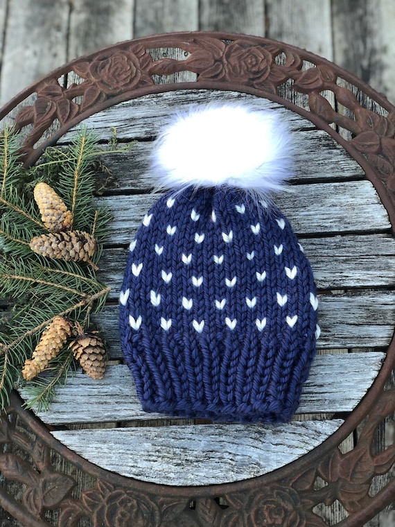 Ladies Navy and white Faux fur Pom hat, blue ladies winter beanie
