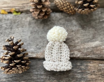 Mini beanie Christmas ornament, Neutral color tiny beanie, Tiered tray mini beanie, Light tan mini beanie decor