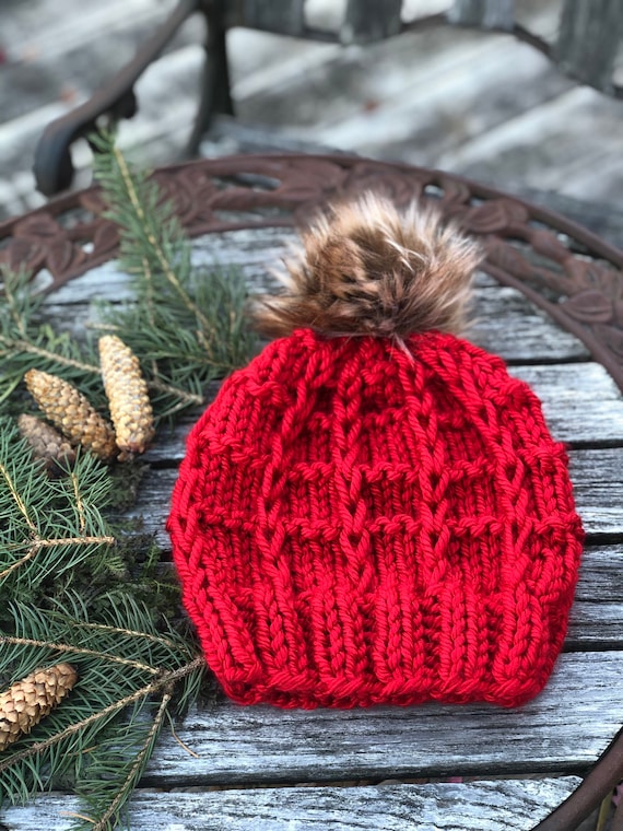 Handmade Beanie Textured Knit Chunky Cozy Crochet Sweater Winter Hat Red Womens Red Knit Hat Slouchy Beanie Women Red Wool Cape Cable Knit  main image 3