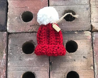 Mini Beanie Ornament, Baby’s first Christmas,Holiday ornament, Christmas trimming, crochet hat ornament, tree decoration, package decoration