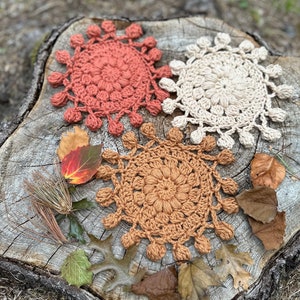 May include: Three crocheted coasters in different shades of brown, orange, and beige, with a textured, floral design. The coasters are arranged on a tree stump with fallen leaves.