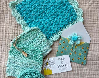 Juego de cocina de 4 piezas, regalo para mamá, idea de regalo para inauguración de casa, paño de cocina de ganchillo, juego de estropajos de punto, juego de cocina colorido