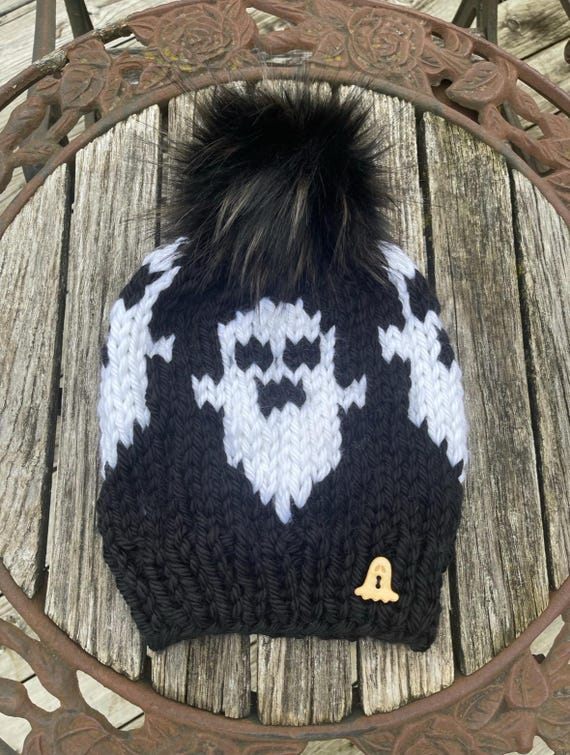 Hand Knit Ghost Beanie: Black and White Halloween Hat with Pom