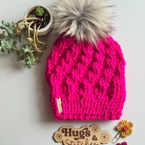 HOT Pink Beanie, Hand Knit Hot Pink Hat, Acrylic Knit Hat, Twisty Knit Hot Pink Beanie, Warm Winter Hat