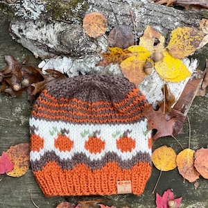 May include: A hand-knitted beanie hat with a fall theme. The hat features a brown top, orange and white pumpkin pattern, and a solid orange base. The hat is surrounded by fall leaves and acorns, creating a seasonal display.