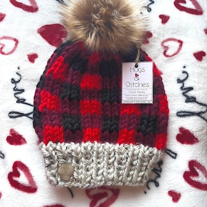 Fireside Beanie, Buffalo Checked Hat, Plaid Knit beanie, Hand Knit Winter Hat, Heart hat, Warm Winter Hat