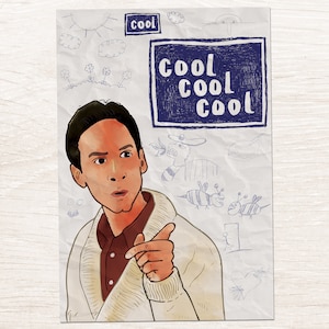 May include: A cartoon illustration of a person with brown hair and a white sweater pointing to the right. The background is white with blue and black doodles, including the words "Cool Cool Cool".