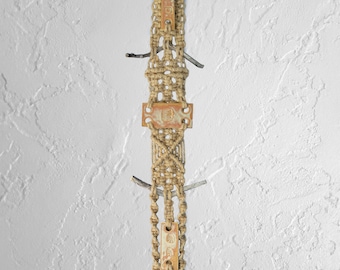 Tan • Macramé • jute, ceramics, wood, bamboo, wall hanging, 7 1/2 inch by 43 inch, hand tied, hand made ceramics. TAN