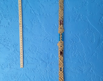 Macramé. Wall hanging, jute, weaving, ceramic, bamboo, tan, red, blue, for narrow spaces. NAMELESS.