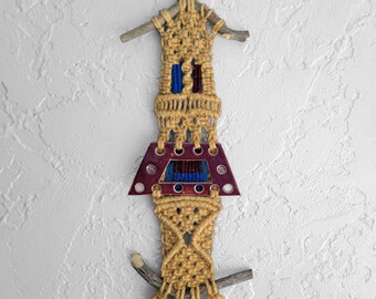 Trapazoid, Craft, Macramé, wall hanging, jute, weaving, bamboo, ceramics, 41 inches by 11 inches, hand tied, hand woven, Trapazoid