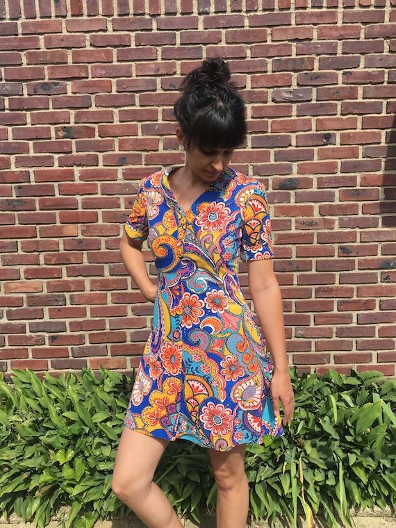 handmade 60s psychedelic floral print mini dress
