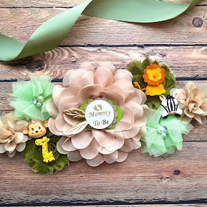 Safari Tiere Mutterschafts Schärpe: Grün & Hellbraun Baby Shower Belly Sash