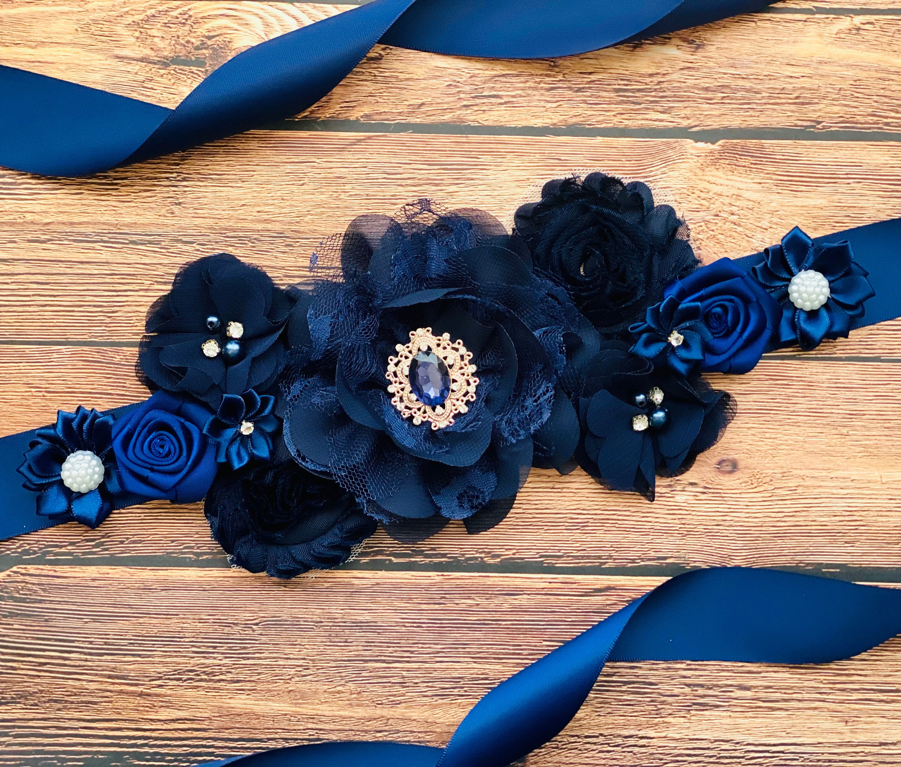 Vtg J.Crew Navy Blue Fabric‎ Flower Ribbon Belt Rhinestone Center Sash Accessory J.CREW Rhinestone Belts for Women for sale | eBay main image 4