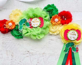 Babyparty Schärpe mit Raupe: Mutterschaftsbauch Schärpe & Papa Pin
