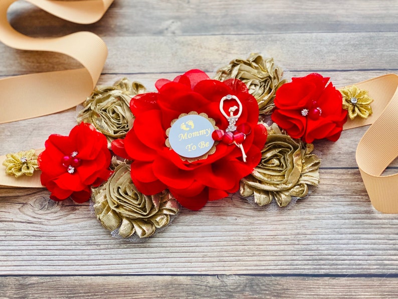 Red and Gold Maternity Sash Baby Shower Red and Gold Flower Etsy