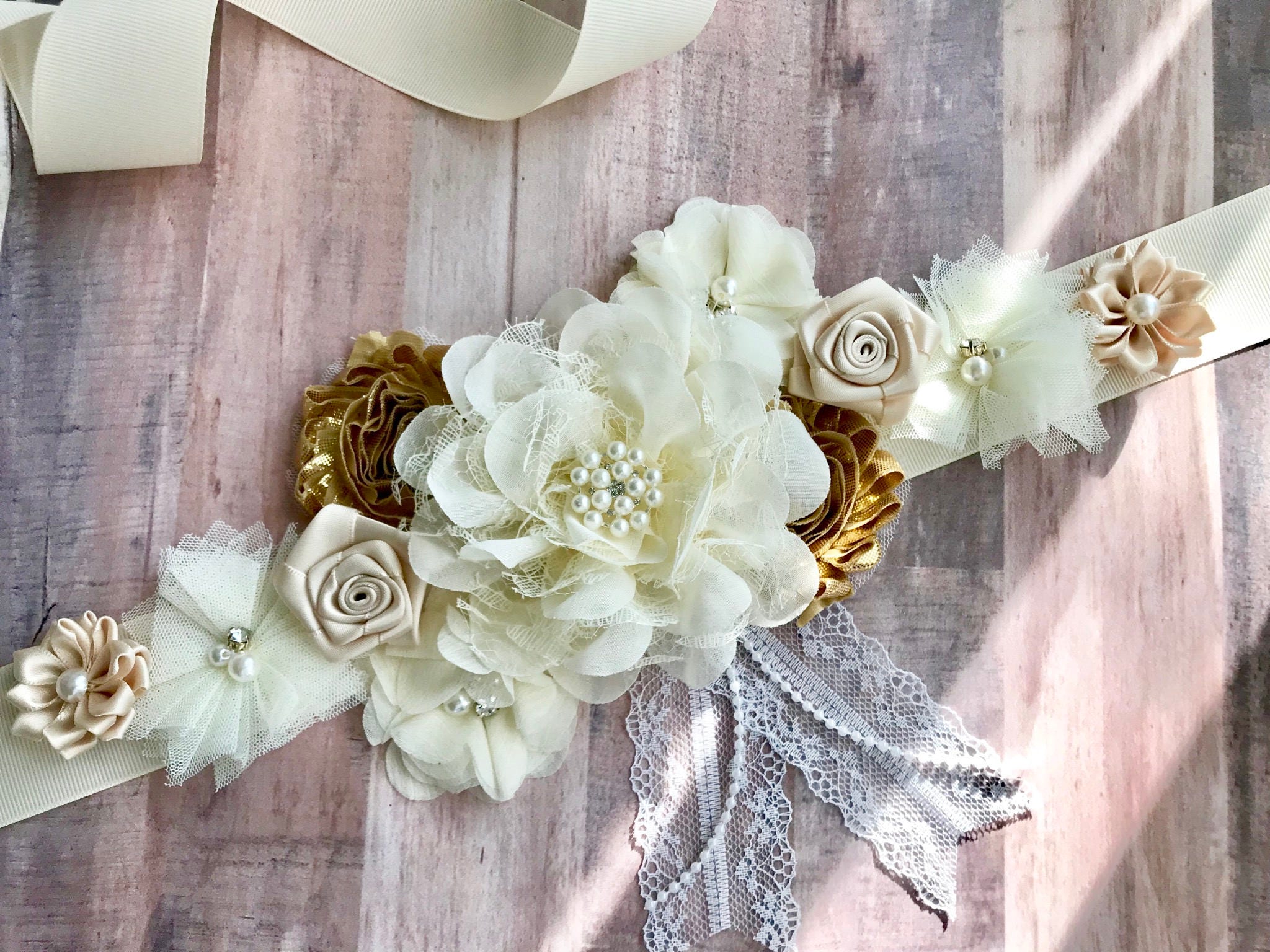 Cream Ivory and Gold Flower Sash Pregnancy Sash Gender Reveal | Etsy