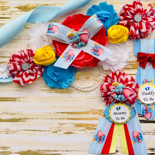 Dumbo Theme Maternity Sash, Daddy Pin, Mommy Pin, Elephant Dumbo Baby Shower, Dad Tie,  Mommy to be Pin, Keepsake, Maternity Photo Prop