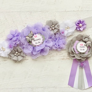 エレファント ベビーシャワー サッシュ：パープル＆グレーのマタニティ サッシュ + パパピン