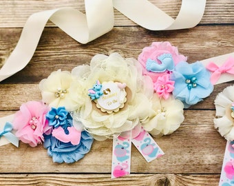 Pink and Blue Maternity Sash, Gender Reveal Sash, Boy or Girl sash, baby shower reveal sash, Keepsake, Baby Shower Gift Elephant Theme Sash