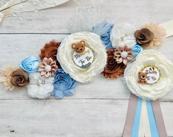 Teddy Bear Maternity Sash, Baby Blue and Brown Cream Feather Bear Sash, Daddy to be Pin, Maternity Sash, Bears with Bows, Boy Maternity Sash