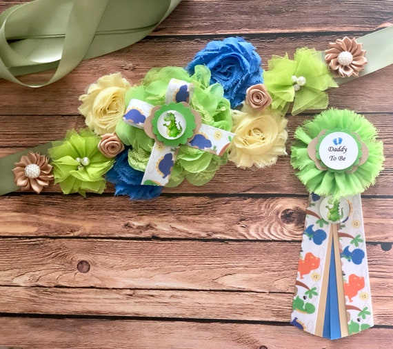 Dino Maternity Sash Green Brown And Blue Flower Sash Etsy