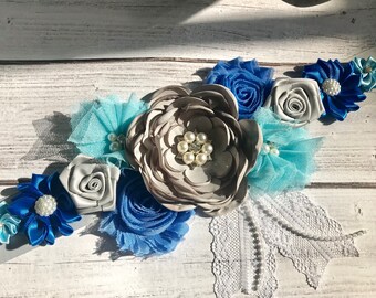 Blau Grau und Türkis Umstandsblau Baby Junge Schwangerschaft Schärpe Gender Reveal Party Geschenk Foto Requisite Geschenk Baby Shower