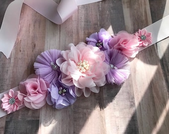 Pink & Lavender Flower Sash: Baby Shower, Flower Girl Belt