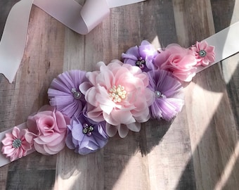 Pink and Lavender Purple Sash, Maternity Sash, Belt, Flower Girl, Bridal, Dad Pin, Baby Shower, Baby Girl, Princess, Keepsake