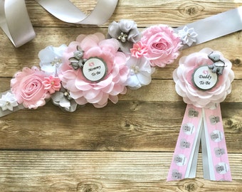 Pink and Gray Elephant Maternity Sash, Pregnancy Belly Sash, Elephant Baby Shower/Maternity Sash Girl, Maternity Photo Prop, Keepsake
