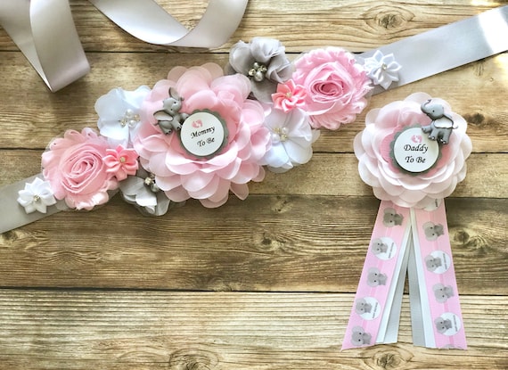 Baby Pink Gray Chevron Baby Elephant Baby Shower Mommy to Be Corsage Belly Sash