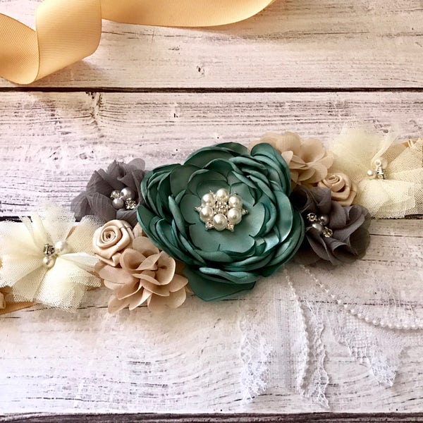 Sage Forest Green Flower Belt/Sash Bridal Maternity Sash Green Brown Gray Bridal Flowers Baby Shower Gender Reveal Keepsake Gift Keepsake