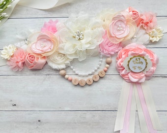 Cream and peach pink maternity sash flower sash with baby name in beads keepsake gift