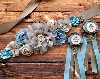 Baby blue, Silver and Gray Boy Maternity Sash Baby Blue Pregnancy Sash Belly Belt Photo Prop Gift Keepsake Baby Shower Gender Reveal Party
