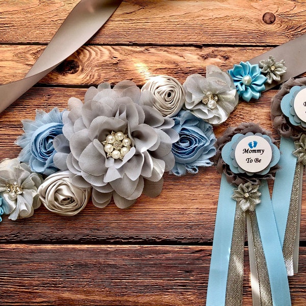 Baby blue, Silver and Gray Boy Maternity Sash Baby Blue Pregnancy Sash Belly Belt Photo Prop Gift Keepsake Baby Shower Gender Reveal Party
