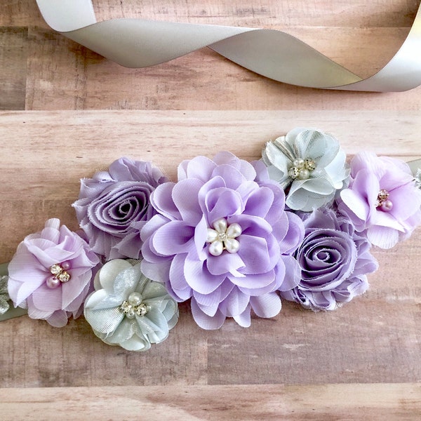 Lavender Purple and Silver Gray Maternity Sash , Bridal, Flower Girl Sash, Belt, Pink, Baby Shower, Gender Reveal Party Gift, Keepsake