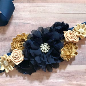 Gold and navy blue Maternity Sash Pregnancy Sash Gender Reveal Party Baby Shower Gift Keepsake Flower Sash image 1