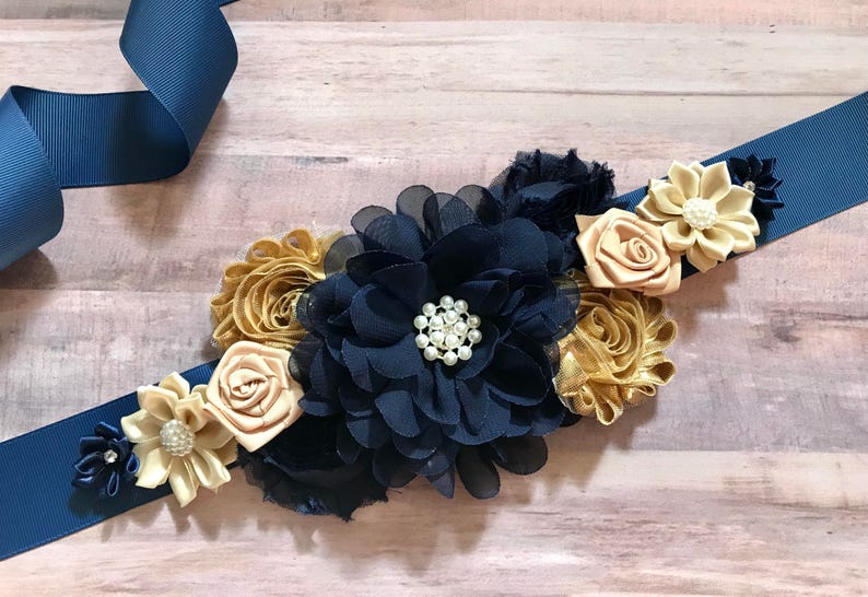 Gold and navy blue Maternity Sash Pregnancy Sash Gender Reveal Party Baby Shower Gift Keepsake Flower Sash image 1