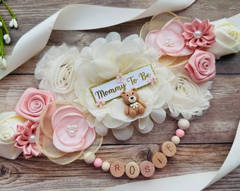 Teddy Bear Blush Pink and Cream Maternity Sash, Personalized Name Bear Sash, Daddy To Be  Bears with Bow, Girl Maternity Sash