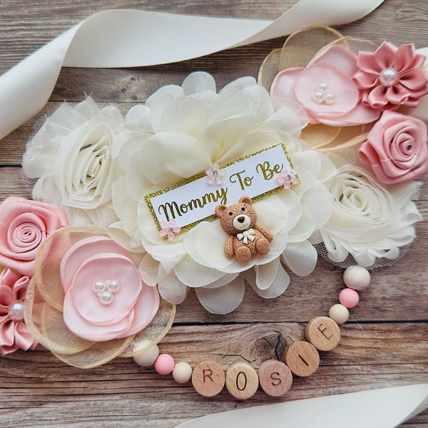 Teddy Bear Blush Pink and Cream Maternity Sash, Personalized Name Bear Sash, Daddy To Be  Bears with Bow, Girl Maternity Sash