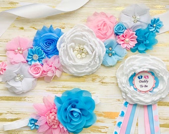 Pink and Blue Maternity Sash, Daddy Pin, Doggie Collar, Gender Reveal Baby Shower Gift