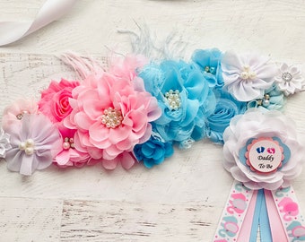 Pink and Blue Maternity Sash, Dad Pin, Belly Sash,  Gender Reveal, Boy or Girl, Keepsake, Baby Shower Gift Elephant Theme Sash