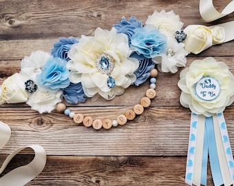 Dusty Blue Floral Schwangerschaft Schärpe: Gender Reveal, Baby Shower Photo Prop