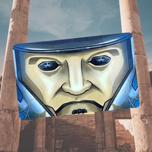 May include: A close-up of a blue and white illustration of a person's face with a serious expression. The person is wearing a helmet with a blue and white pattern.